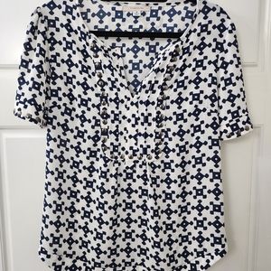 ! 41 Hawthorn Blue & White Stitch Fix Moni Pleated Bib Short Sleeve Top Size M !